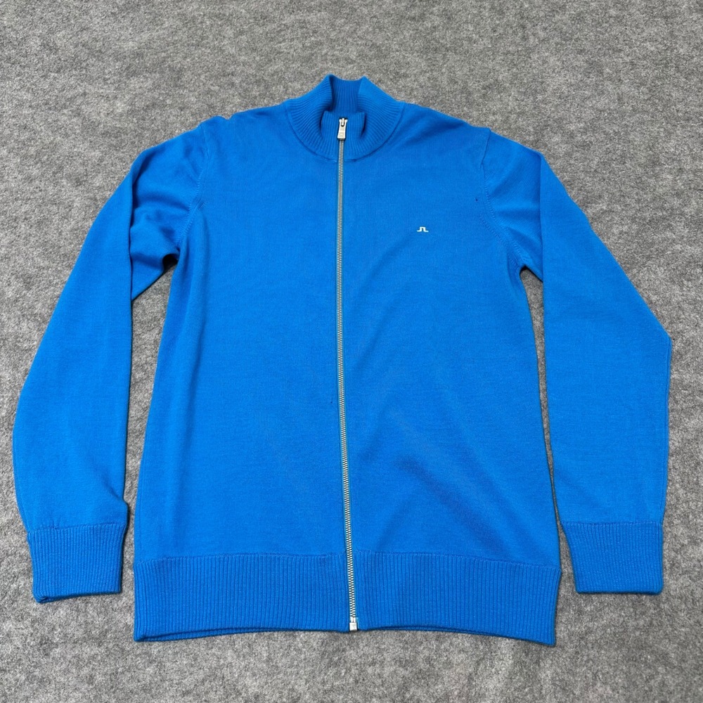 J.Lindeberg Kenny True Merino Wool Knit Mens M Blue Full Zip Mock Neck Sweater